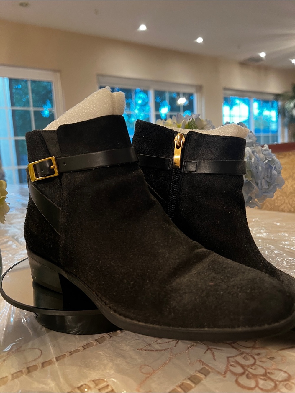 Franco Sarto Black Suede Ankle Boots Gold Buckle Zip Low Heel Size 6